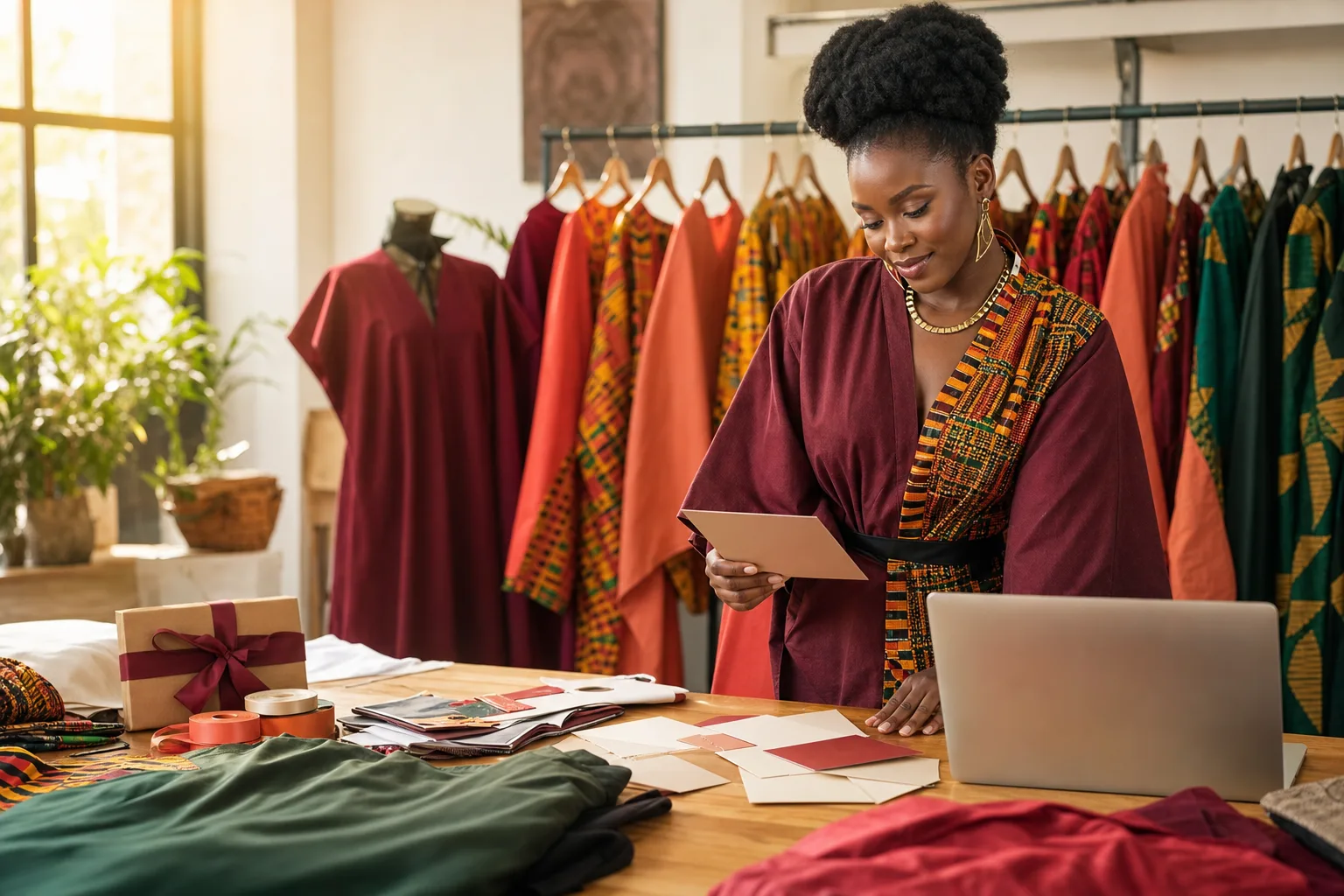 Ghanaian fashion business owner planning a new collection campaign