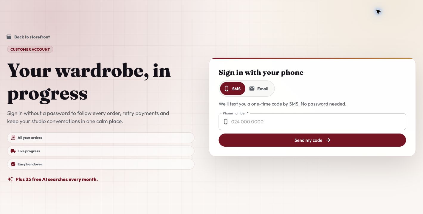 Xtiitch customer account experience for signing in and following orders