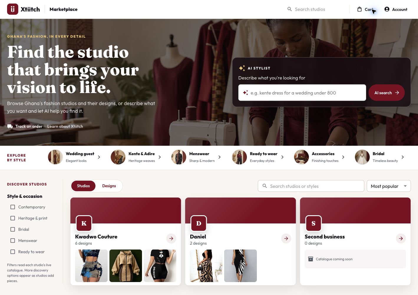 Xtiitch marketplace showing studio discovery, style categories and AI-assisted search