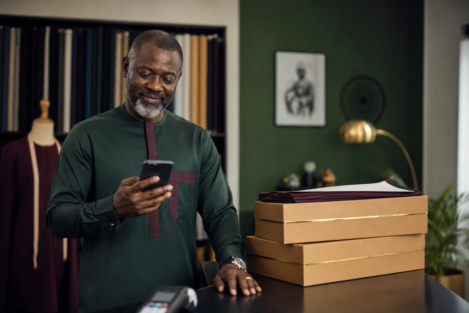 Ghanaian fashion business owner confirming a secure digital settlement beside prepared orders
