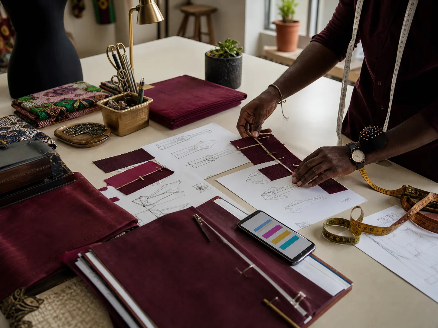 Fashion studio workflow arranged with fabric, patterns, measurements and an order phone